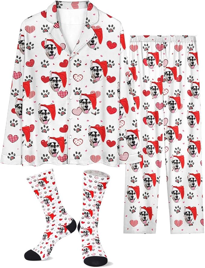 Custom Face Pajamas for Women Men,Personalized Dog Cat Pet Pajamas Set,Christmas Long Sleeve Sleepwear Pjs