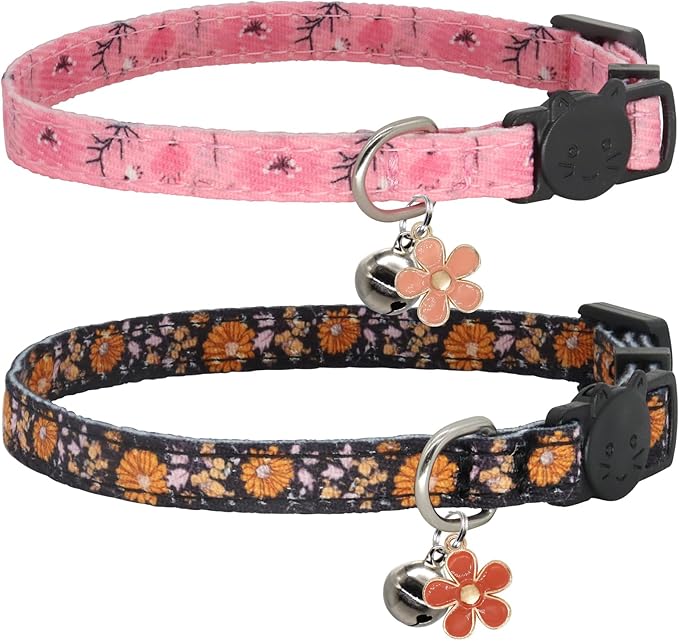 Cat Collar Breakaway, 2 Pack Cotton Cats Collars with Bells, Cute Flowers Shaped for Girl Boy Kittens, Pink and Orange