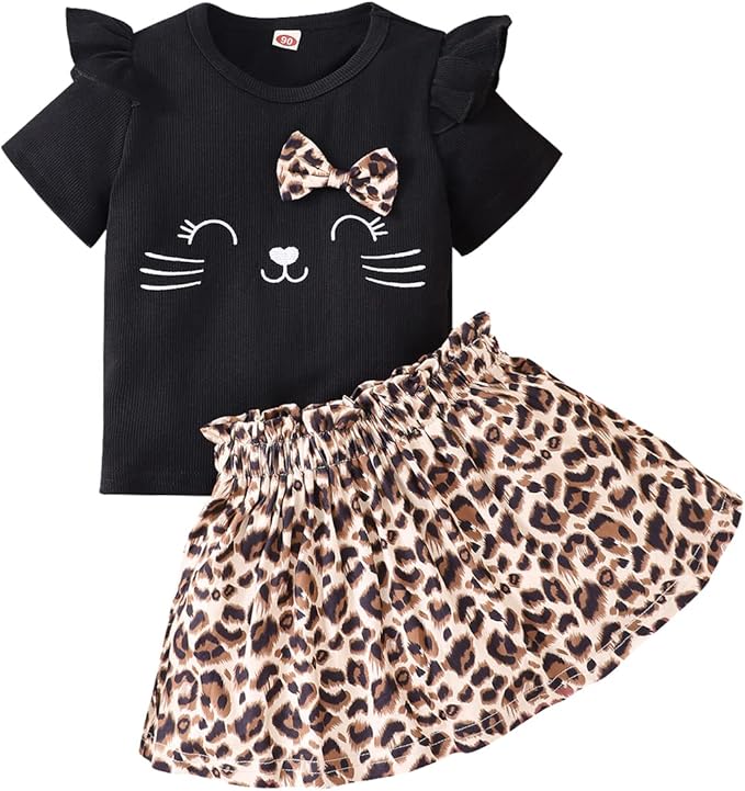 Akyzic Little Girl Skirt Outfit Two Piece Spring Summer Outfit Butterfly Dress Cat Print Skirt Toddler Girl Outfit Set