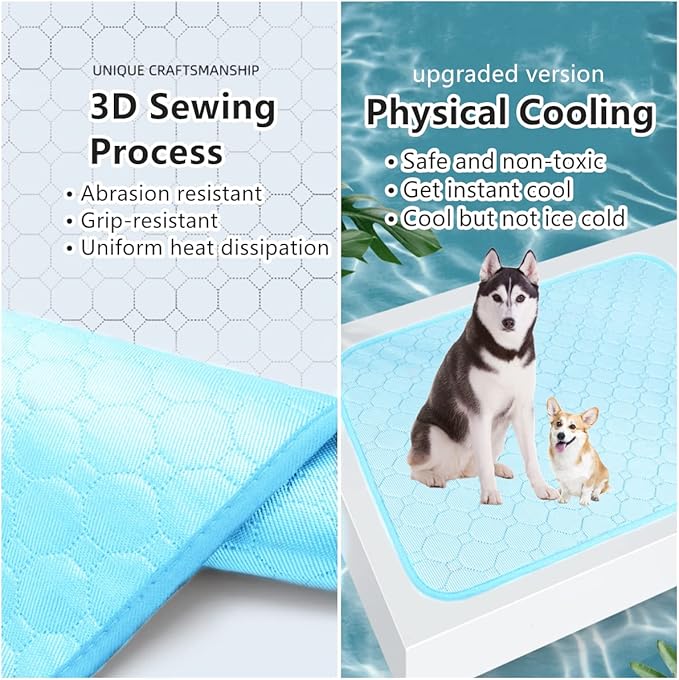 Mannice Dog Cooling Mat, Pet Cooling Mat for Dogs Cooling Blanket for Dogs Dog Cooling Pad for Kennels, Crates, Cars, Indoor & Outdoor Ice Silk Cooling Mat for Extra Large Dogs (Blue, L(28 * 22"))