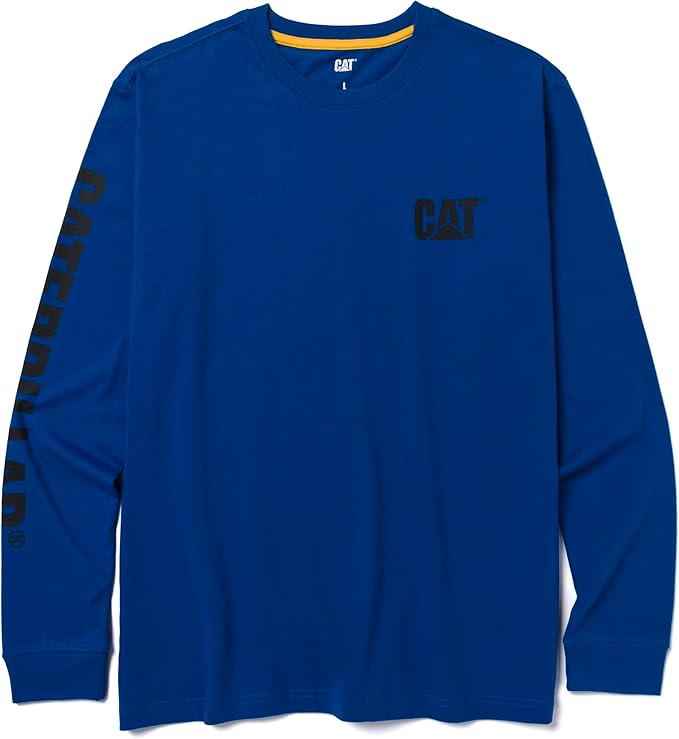 Caterpillar Trademark Banner Long Sleeve Tee Shirts for Men with Center Back Neck Wire Management Loop and Cat Workwear Logo