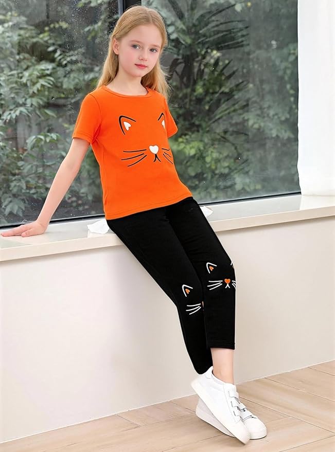 4-8T Toddler Girl Clothes Cat face print Short Sleeve Top+Pants Outfits Girl Spring and summer 2-Piece Set