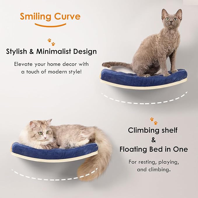 Curved Cat Shelves and Perches, Floating Cat Wall Bed with Comfortable Cushion