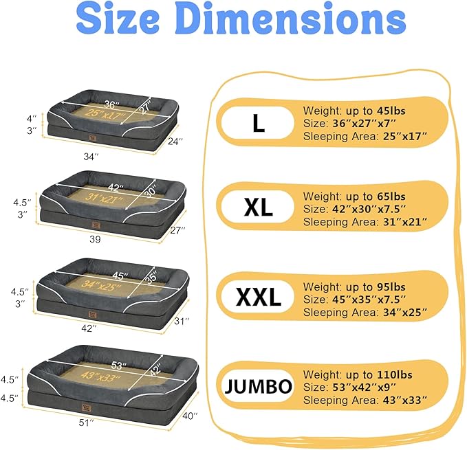 Washable Orthopedic Large Dog Bed - Removable Orthopedic Foam Dogs Beds with Bolsters Waterproof Large Dog Bed and Non-Slip Bottom Extra Large Dogs Beds Sofa