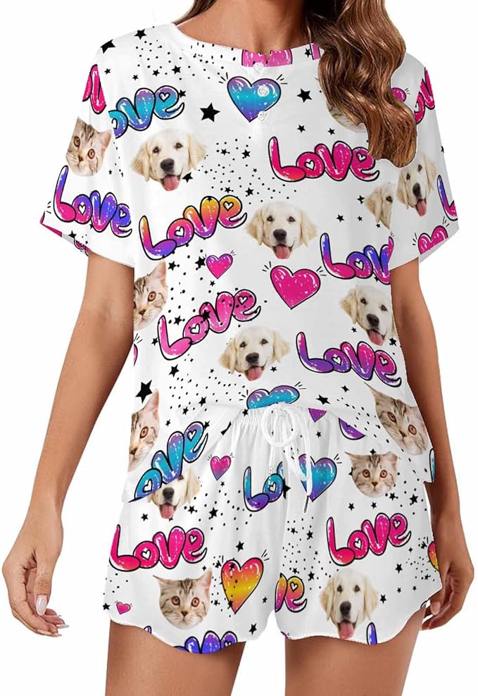 D-Story Custom Short Pajama Set with Pet Face Personalized Photo Sleepwear 2 Pieces Pjs Nightwear Xmas Gift for Women