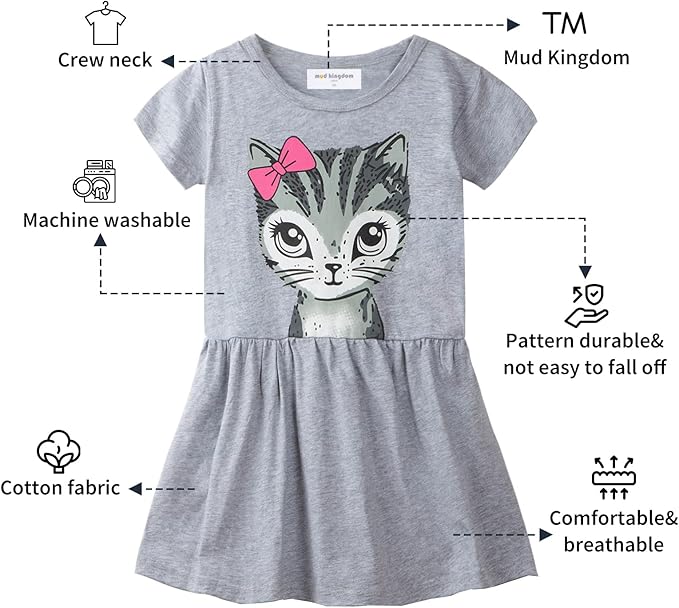 Mud Kingdom Little Girls Dresses Cotton Summer Holiday Cute Cat Dress Short Sleeve