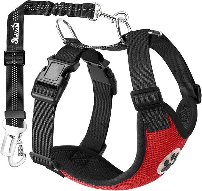 SlowTon Dog Seat Belt Harness for Car, Dog Car Harness Adjustable Mesh Breathable & Dog Seatbelt Safety Tether with Elastic Bungee for Small Medium Large Pets(Red, Double Clip, L)