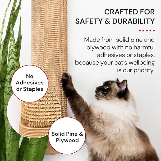 7 Ruby Road Large Cat Scratcher Wall Mounted - Refillable Sisal Scratch Pad - Cute Scratching Post for Indoor Cats and Kitten - Tall Vertical Mount - Modern Wooden Cat Wall Furniture and Scratchers