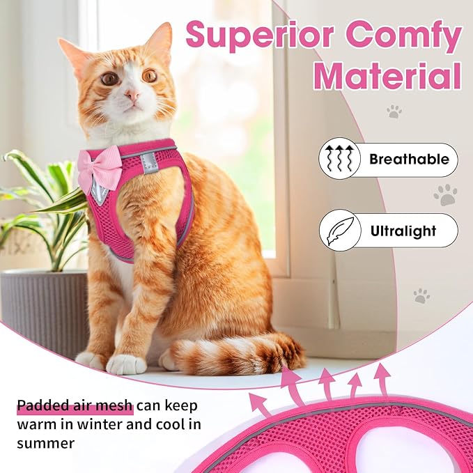 Cat Vest Harness and Leash Set for Walking Escape Proof, Adjustable Kitten Harness Breathable Mesh with Reflective Strips Harness for Kitty Puppy Bunny (Pink,S)