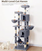 AMHANCIBLE Tall Cat Tree, 70 Inch Cat Tower for Indoor Cats, Multi-Level Cat Tree with Scratching Post, Hammock, Hanging Basket, Large Cat Condos for Adult Cats Kittens, Grey, PT18GY
