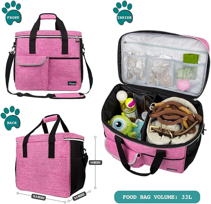 PetAmi Dog Travel Bag - Travel Pet Organizer with Food Container and Bowls, Perfect for Weekend Camping, Cat Diaper Bag (Pink, Large)