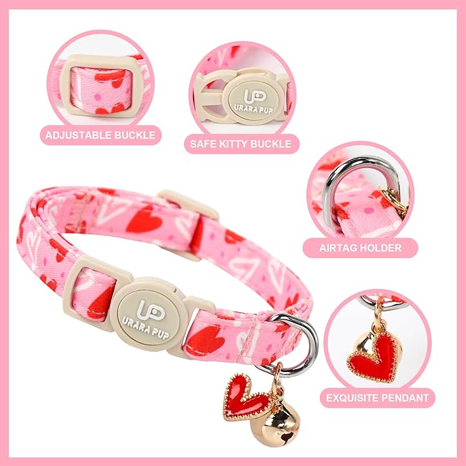 Cat Collar, 2Pack Valentine's Day Kitten Collars Cute Breakaway Cat Collar with Bell, Red Love Heart Pink Hearts Kitty Collars Adjustable Size for Girl and Boy Cats
