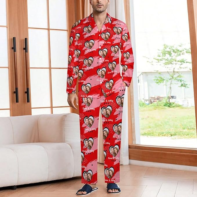 Custom Face Pajamas for Women Men,Personalized Dog Cat Pet Pajamas Set,Christmas Long Sleeve Sleepwear Pjs