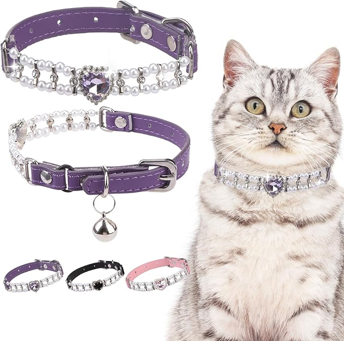 EXPAWLORER Cat Collar Leather with Bell and Safety Elastic Belt,Personalized Rhinestones Bling Adjustable Collars for Cats Kitty and Small Dogs,Pearl cat Collar Purple (Pearl)
