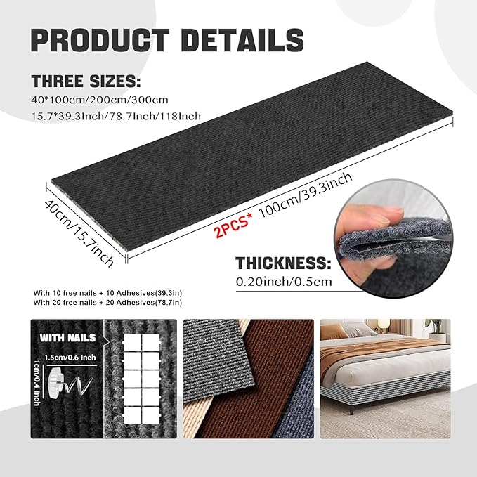 Cat Scratching Climbing Carpet Mat, Adhesive Trimmable Cat Post Covered Pad Replacement for DIY Cat Tree Shelf Couch Corner Wall Cat Scratcher Furniture Protector (Black, 78.7x15.8In)