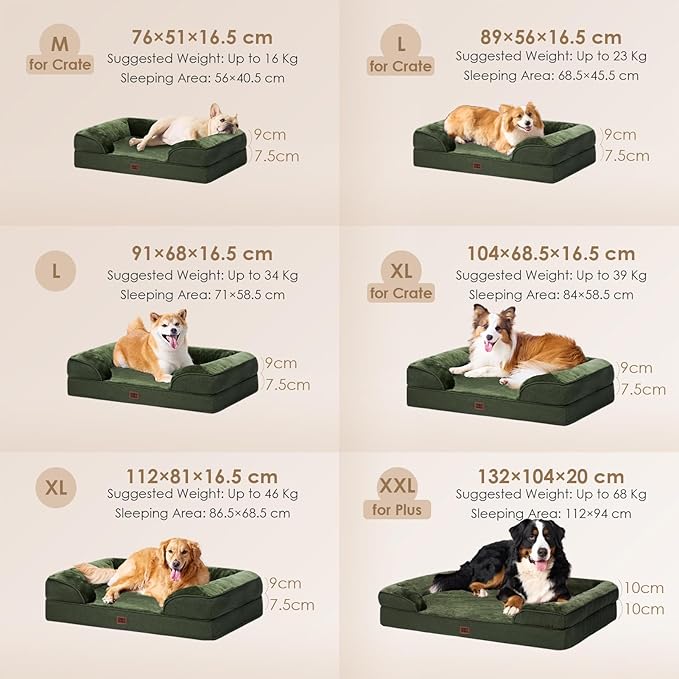 EHEYCIGA Orthopedic Dog Beds for Large Dogs, Waterproof Memory Foam Large Dog Bed with Sides, Non-Slip Bottom and Egg-Crate Foam Pet Couch Bed with Washable Removable Cover, Dark Green