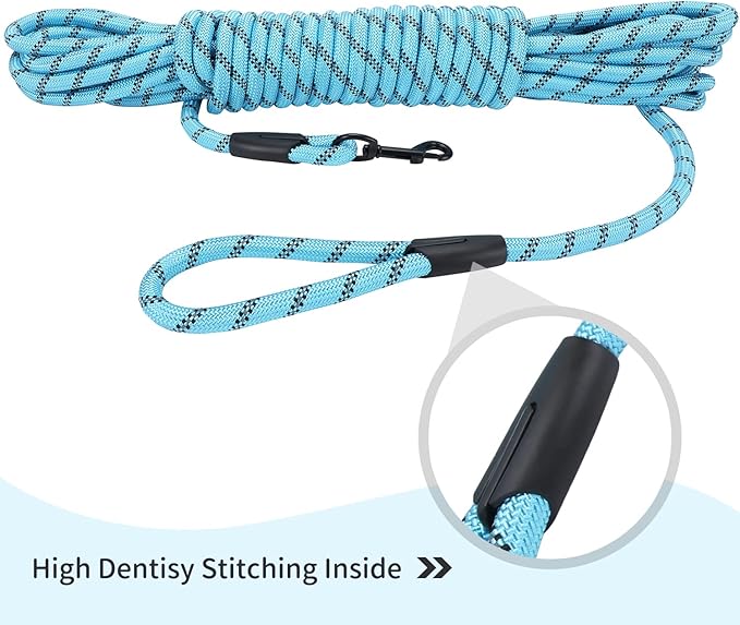 Long Dog Leash for Training 15Ft-Reflective Nylon Rope with Swivel Hook-Recall Agility Lead for Large Small Medium Dogs Outside Walking Hiking-Sky Blue Diam 1/2"