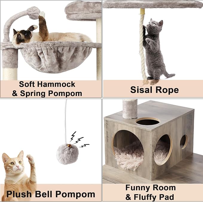 Cat Tree with Litter Box Enclosure, 2-in-1 Cat Tower for Indoor Cats, Large Wood Cat Condo with Basket, Scratching Posts, Pompoms, Grey