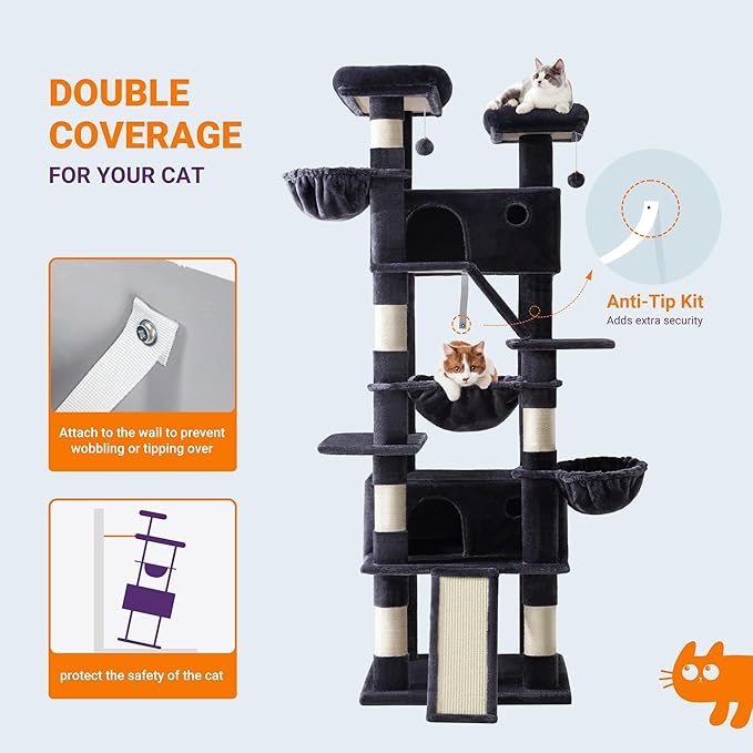 Allewie 81 Inches Tall Cat Tree/Multi-Level Large Climbing Tree House and Towers for Big Feline/Condo and Hammock/Scratching Post/Wide Base/Dark Grey