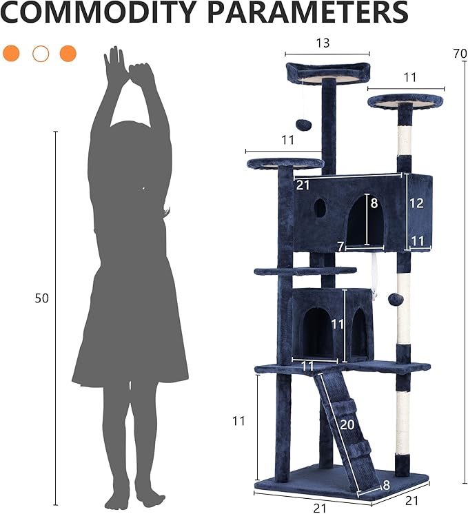 BestPet | 70" Cat Tree Tower | Navy Blue | Sturdy, Easy to Assemble, Multi-Level Activity Center with Sisal Scratching Posts, Condos, Perches, Hanging Cat Toys, Observation Decks & Ladder
