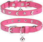 Leather Cat Collars for Boy Girl Cats with Bell and Safety Elastic Belt, Personalized Star and Moon Stud Adjustable Safe Buckle Collar for Kitty Small Big Cats Size 8-12 Inch, Rose