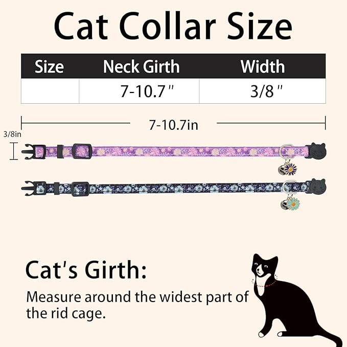Cat Collar Breakaway, 2 Pack Cotton Cats Collars with Bells, Cute Flowers Shaped for Girl Boy Kittens, Purple and Blue