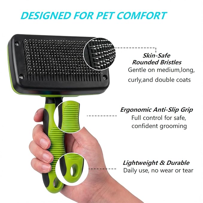 4PCS Self Cleaning Slicker Brush, Pet Grooming Rake, Bath Brush & Massage Brush for Short/Long Haired Dogs, Cats & Horses, Pet Grooming Deshedding Tools - Pet Supplies (Green Black)
