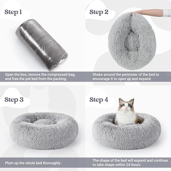 rabbitgoo Cat Beds for Indoor, 20 inches Machine Washable, Fluffy Round Pet Bed Non-Slip, Calming Soft Plush Donut Cuddler Cushion Self Warming for Small Dogs Kittens, Light Grey, Medium
