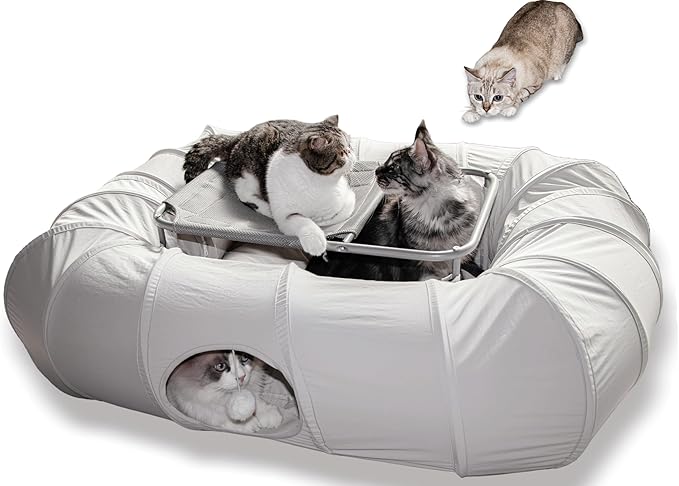 XxingSheep 2-Tier Cat Tunnel & Hammock Bed XXL, 4 Cave Shuttle with Elevated for Multiple Cats Toy Light Grey