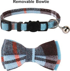 ADOGGYGO Plaid Cat Collars Breakaway with Bow Bell, Removable Bowtie, 2 Pack Beige Blue Plaid Kitten Bow Collar for Cats Kittens