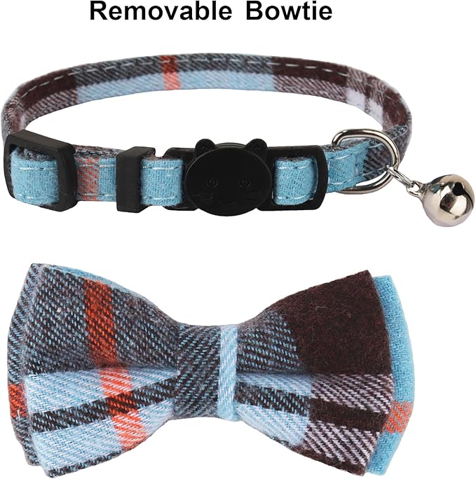 ADOGGYGO Plaid Cat Collars Breakaway with Bow Bell, Removable Bowtie, 2 Pack Beige Blue Plaid Kitten Bow Collar for Cats Kittens