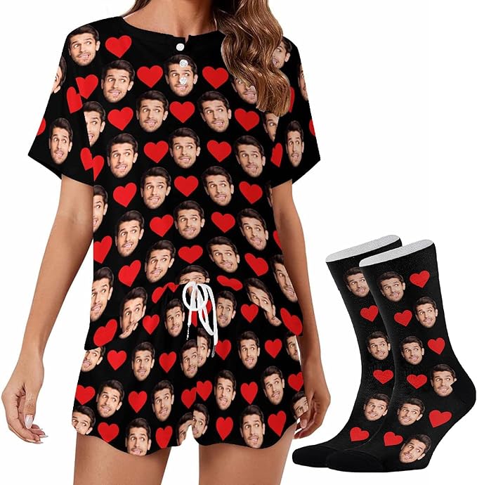 Custom Short Pajamas Set with Face Photo Women‘s Sleepwear Tee Personalized PJ Short Loungewear Set fot Her