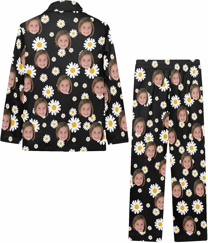 Artsadd Girls Pajamas Set Custom Face Pet Photo Long Sleeve Sleepwear Personalized Printed V-Neck Button-up Pants Nightwear