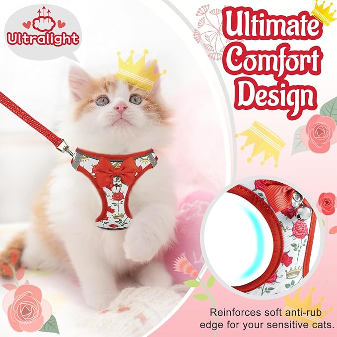 Cat Harness and Leash Escape Proof for Walking, Adjustable Soft Kitten Harness with Reflective Straps Step in Cat Vest Harness for Small Kitten and XS Dogs (Red, XXS-Chest(8.7"-10.2"))