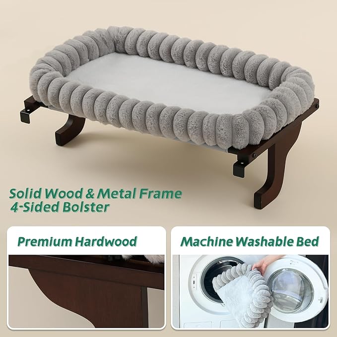 Zakkart SnugCloud Cat Window Perch with 4-Sided Bolster - Orthopedic Cat Hammock for Window Sill - Solid Hardwood & Metal Frame - Window Seat for Pets (Dark Stained Wood w/Gray Bed, Medium)
