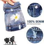 Dog Denim Jacket with Embroidered Daisy, Ripped Vintage Jean Vest for Small Dogs, Pugs, Chihuahuas, Spring Summer Autumn Festival Outfit