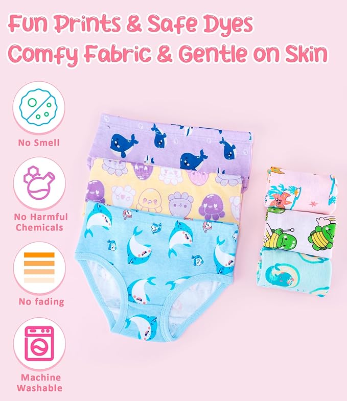 Girls and Toddlers 100% Cotton Underwear Tagless Soft Panties Size 2-3T,4-5T,6,8,10,12 (6-Pack)