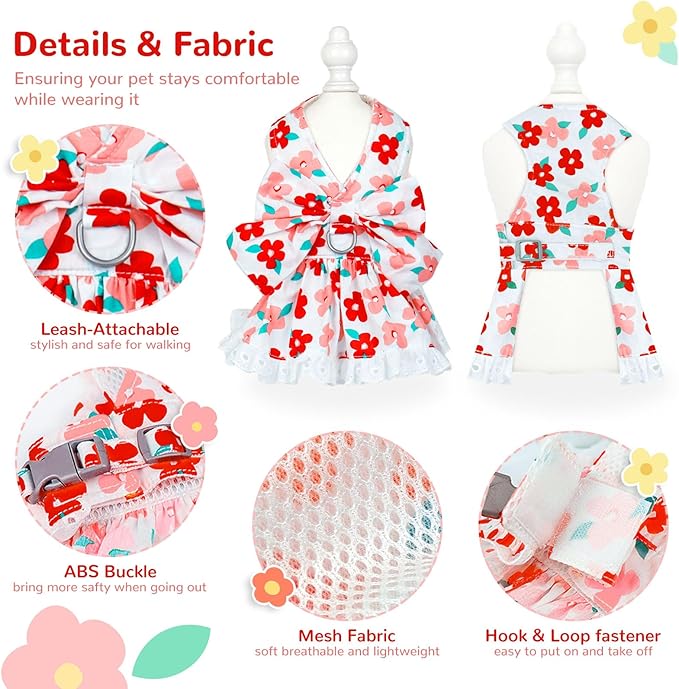 Dog Harness Dress Leash Set for Small Dog Summer Clothes Girl Female Puppy Cats Outfits Cute Floral Bowknot Princess Birthday Dress for Extra Small Pet Doggie Kitten Outfits Apparel(Red,M)