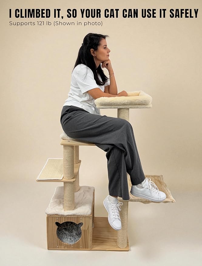 Multi-Level Pine Wood Cat Tree Tower for Indoor Large Cats - Solid Cat Condo House with Hammock - Sisal Scratching Posts - Sturdy Cat Furniture, 49", Beige