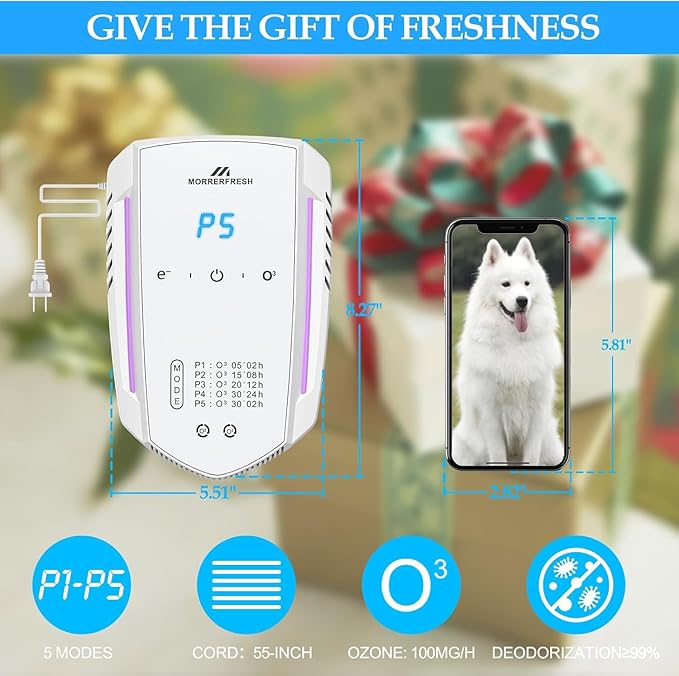 Ozone Odor Eliminator for Strong Odor 99% Cat Litter Deodorizer Dog Poof Odor Removal Air Ionizers for Home Portable Air Purifier for Pets Toilet Wardrobe Shoe Garage Room Cabinet White