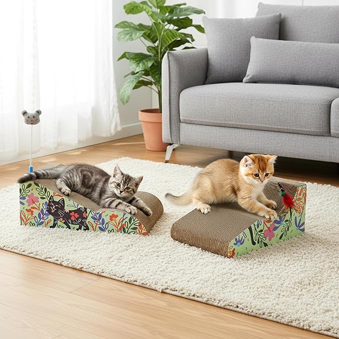 WUWEOT 2 in 1 Cat Scratching Board, Removable Cardboard Scratching Pad, Large Cat Lounge Sofa with Detachable Toy for Indoor Cats to Rest, Grind Claws and Play