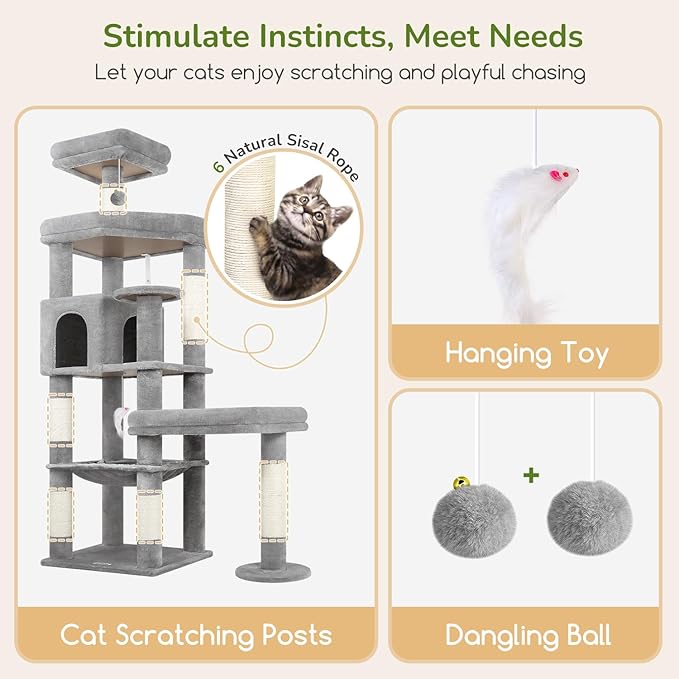 Globlazer Extra Large Platform Cat Tree, 65in Sturdy Cat Tree for Indoor Cats Large Adult, Big Cat Tower for Big Cats with 3 Enlarged Perches, 6 Scratching Posts, Cat Condo, Hammock, S65, Light Grey