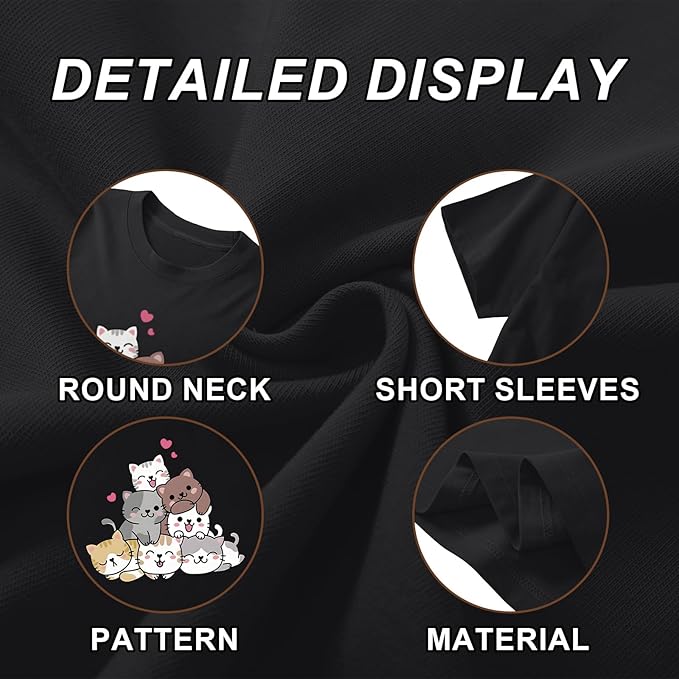 KEEVICI Cute Cartoon Cat Shirts for Girls Kids Graphic Tees Kawaii Animal Pattern T Shirt Cotton Crewneck Summer Loose Tops