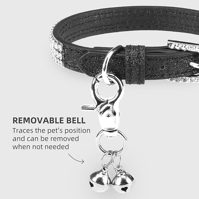 PUPTECK Basic Adjustable Cat Collar with Bling Diamond and Double Bells, for Kitten and Small Puppy, Fashion and Shining Dog Rhinestone Collars, 8-10in, Black
