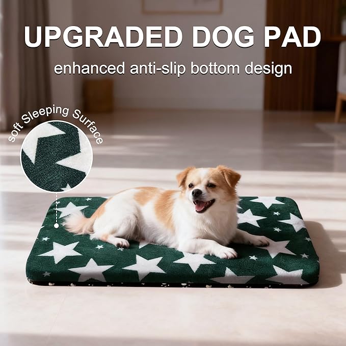 Washable Dog Bed Plush Orthopedic Outdoor Crate Mat with Non-Slip Bottom,Luxe Soft Kennel Pad for Pets, Cozy Cage Cushion & Pet Sleeping Mattress Large Sized,Medium,Small Dogs,24x18 inch,Green