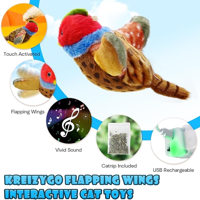 Cat Toys, Flapping Wings Pheasant, No Flying, Chirping Bird Interactive Catnip Toy for Kitten or Small Dogs, Touch Activated, Rechargeable