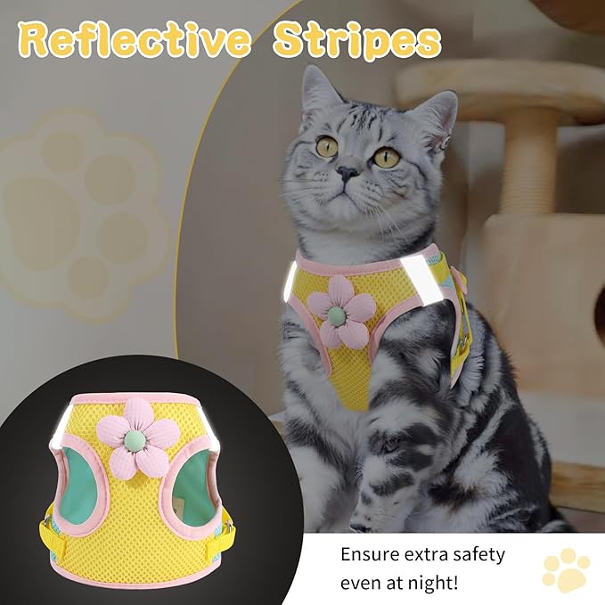 Cat Harness and Leash Set for Walking Escape Proof, Adjustable Kitten Harness Breathable Mesh with Reflective Strips Harness with Flower for Kitty Puppy Bunny Yellow Small