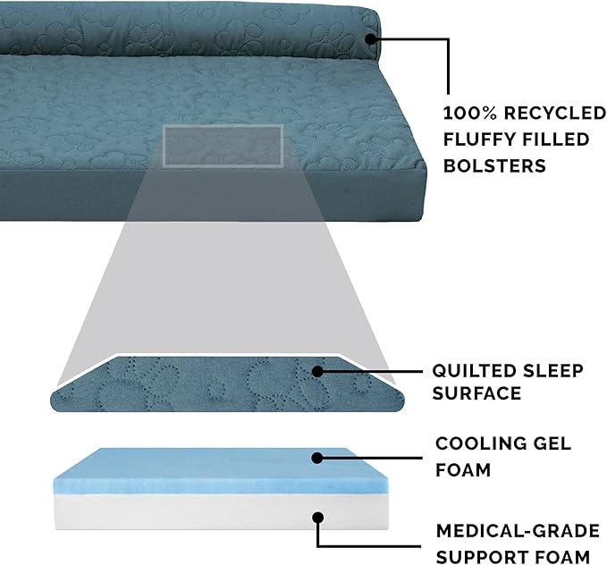 Furhaven Cooling Gel Dog Bed for Medium/Small Dogs w/ Removable Bolsters & Washable Cover, For Dogs Up to 35 lbs - Pinsonic Quilted Paw L Shaped Chaise - Bluestone, Medium