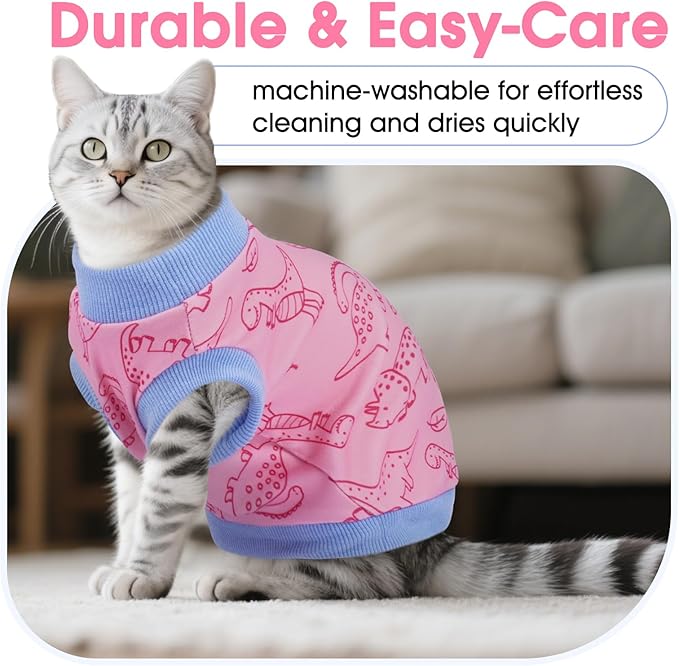 DENTRUN Sleeveless Cat Vest with Dinosaur Print, Breathable Ultra-Soft Dralon Fleece Cat Sweater, All-Season Pet Costume Apparel for Cats, Kitten Clothing for Indoor/Outdoor, Pink, XS