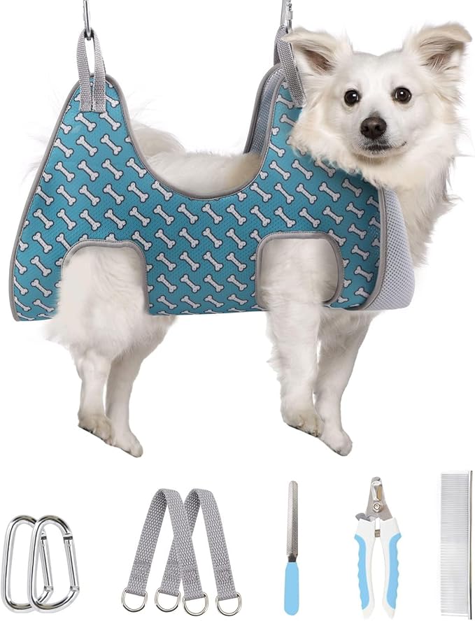 Supet Dog Grooming Hammock Harness for Dogs Cats, Relaxation Pet Nail Clipper Hammock, Restraint Dog & Medium Animal Leashes Sling for Groomingk for Nail Trimming (Coral Blue, M)
